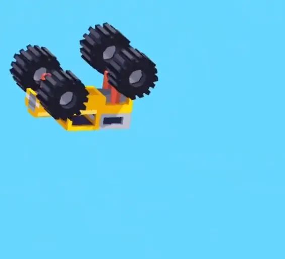 Drive Mad level 52 yellow truck spinning through the air after being launched from the shredder