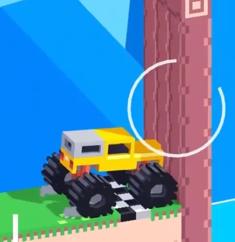 Drive Mad level 52 yellow truck landing near the black-and-white finish platform after the aerial launch