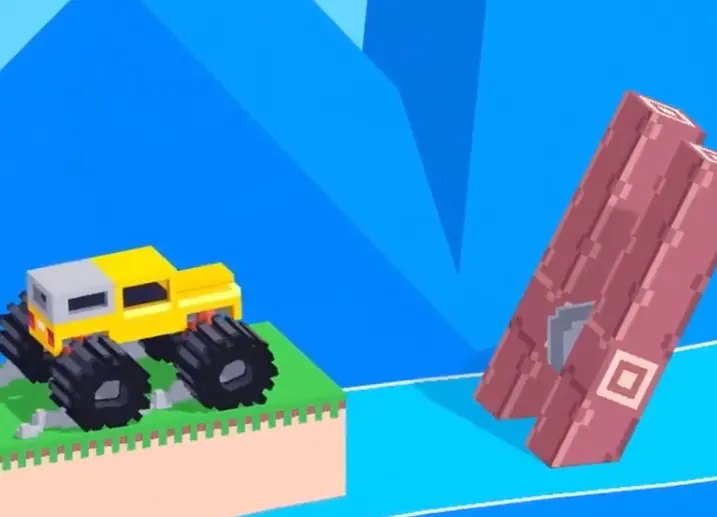 Drive Mad level 52 yellow truck driving into the spinning shredder launcher