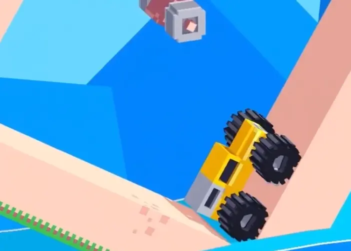 Drive Mad level 53 yellow truck driving toward the finish platform as the rotating track aligns