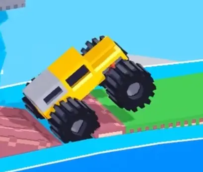 Drive Mad level 54 yellow truck waiting on the wooden platform as floodwater lifts it upward