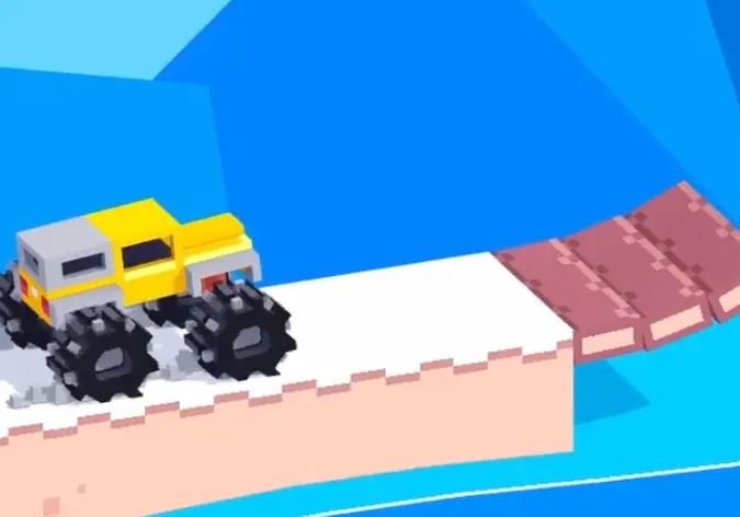 Drive Mad level 55 yellow truck crossing the first wooden ramp gap in Avalanche