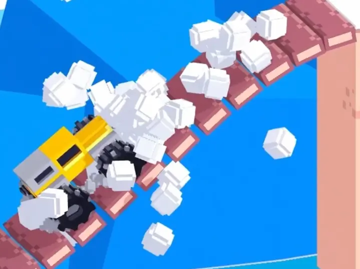 Drive Mad level 55 yellow truck pushing avalanche snowballs off the road and into the left gap