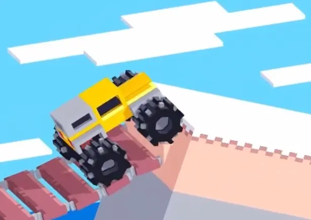 Drive Mad level 56 yellow truck using momentum to climb the final snowy platform toward the finish