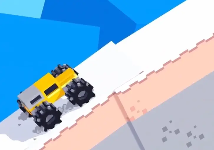 Drive Mad level 56 yellow truck jumping from a snowy ramp toward the suspended soft bridge
