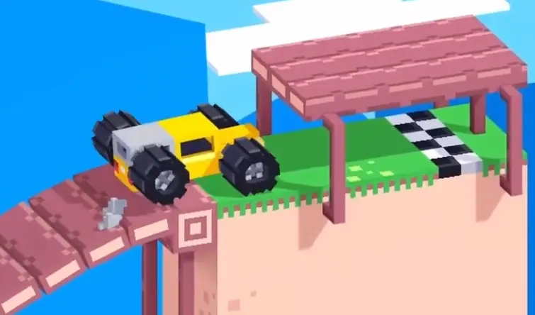 Drive Mad level 57 yellow truck slowly climbing the final slope toward the black-and-white finish line