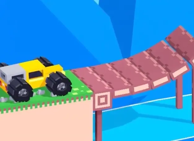 Drive Mad level 57 yellow truck using the wooden loop ramp to jump across the river gap