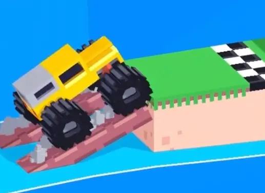 Drive Mad level 58 yellow truck climbing the exit ramp out of the water toward the finish line