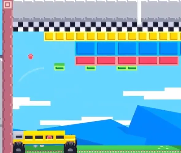 Drive Mad level 59 yellow truck using the ball to break one side of the yellow block wall and reveal the finish line