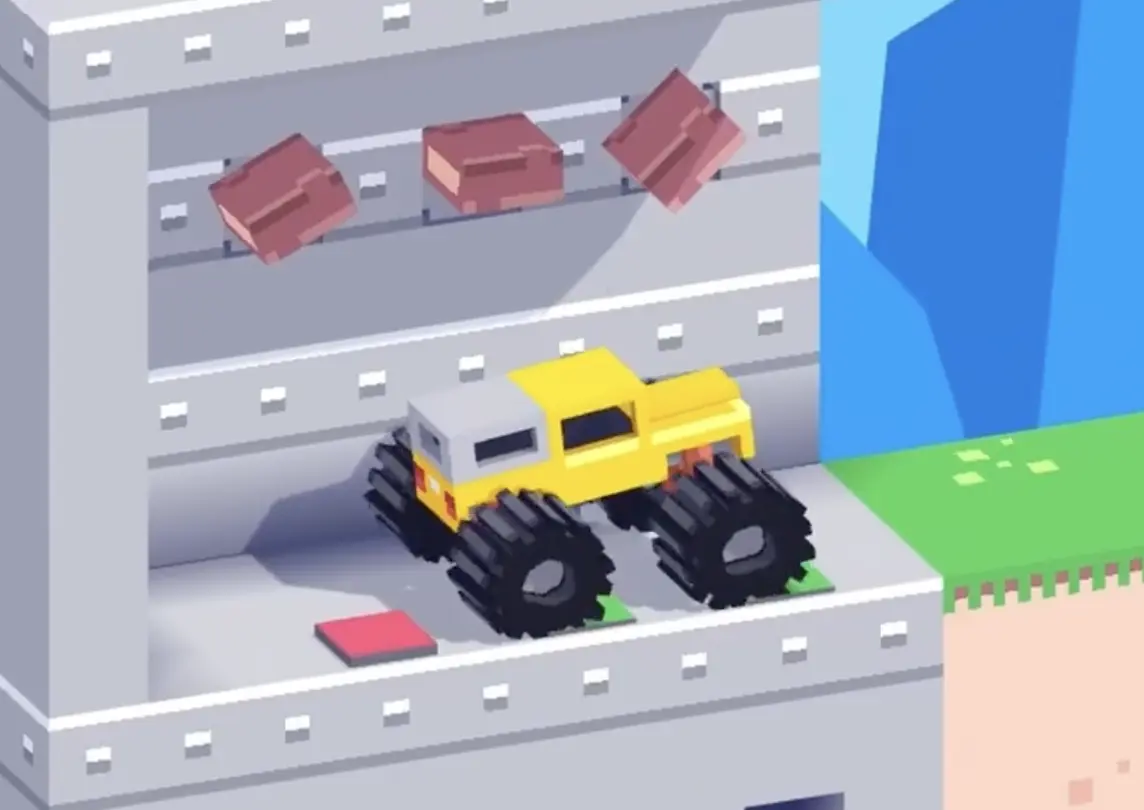 Drive Mad level 60 yellow truck inside the control room pressing floor buttons that adjust the three remote bridges