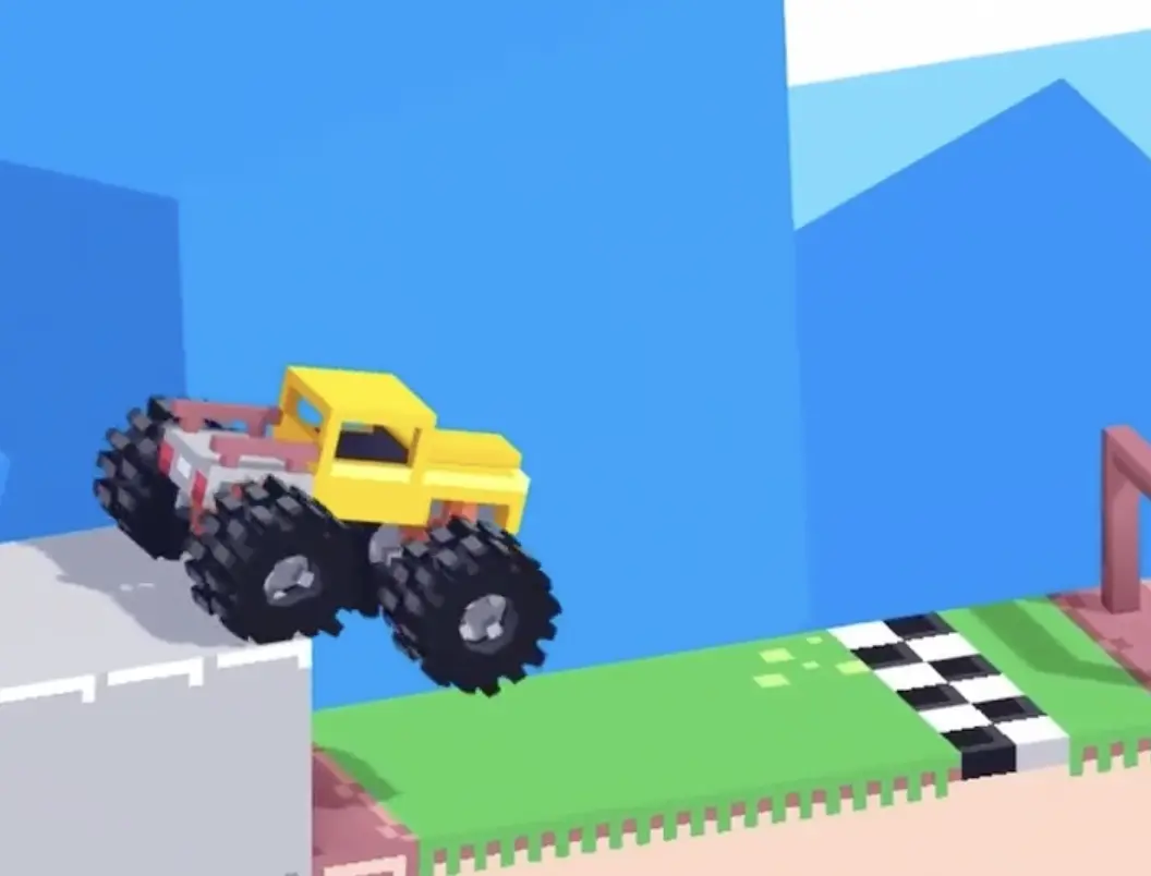 Drive Mad level 61 yellow truck descending from the staircase and rolling toward the finish line