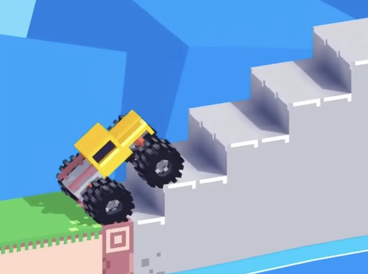 Drive Mad level 61 yellow truck climbing the high staircase step by step with careful wheel placement