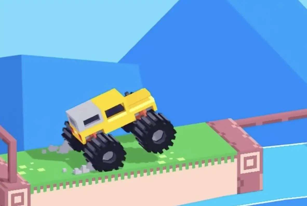 Drive Mad level 62 yellow truck preparing to board the first visible moving platform over the water