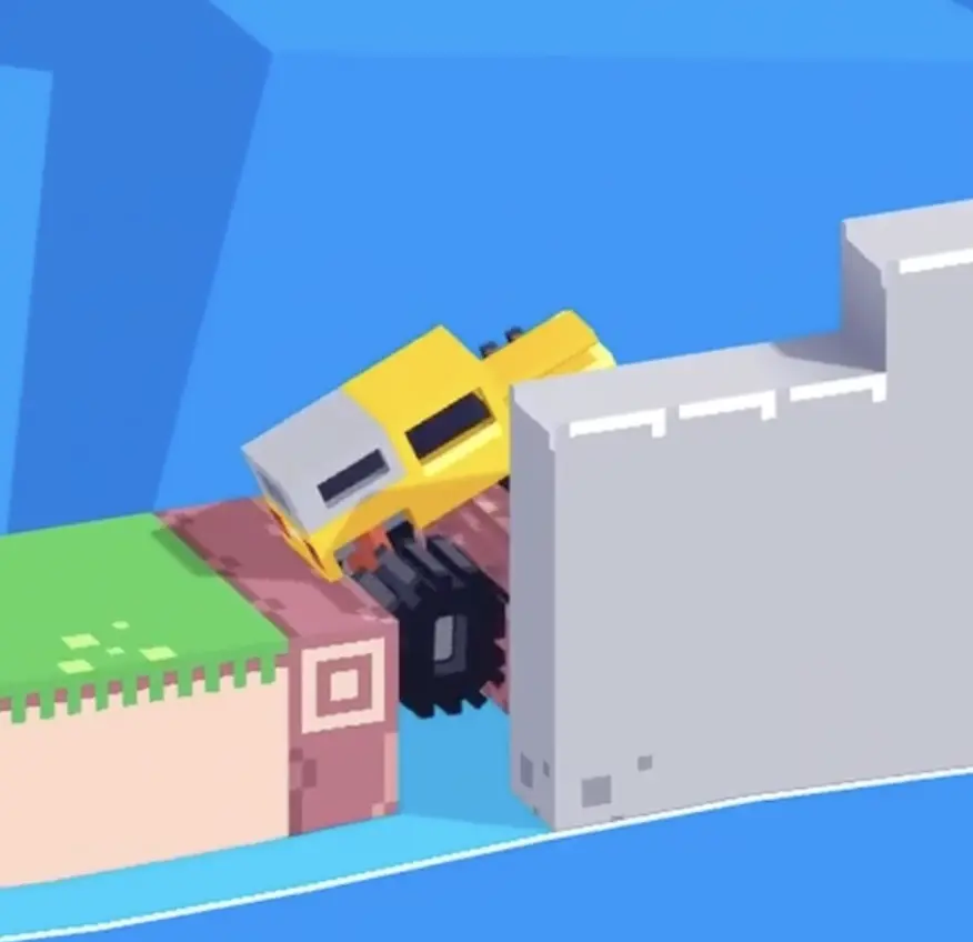 Drive Mad level 62 yellow truck entering the wall-blocked blind jump section where the second moving platform is mostly hidden