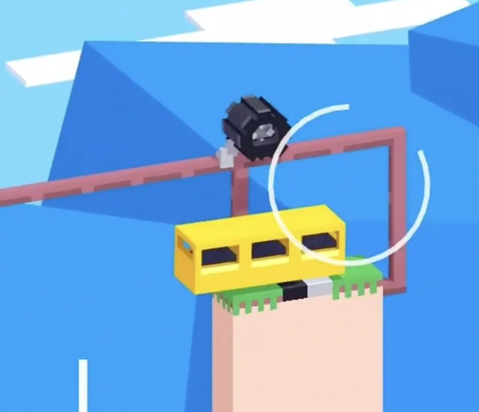 Drive Mad level 64 suspended yellow vehicle stabilized on the lower rail near the finish platform