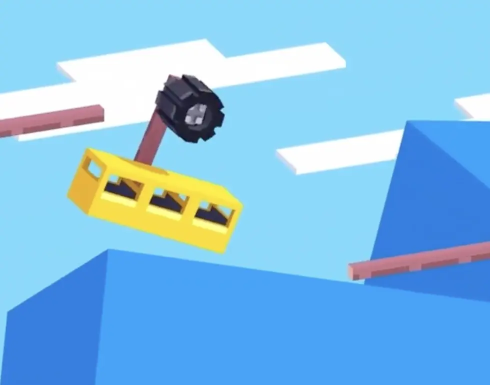 Drive Mad level 64 suspended vehicle flying through the air from the upper rail toward the lower rail