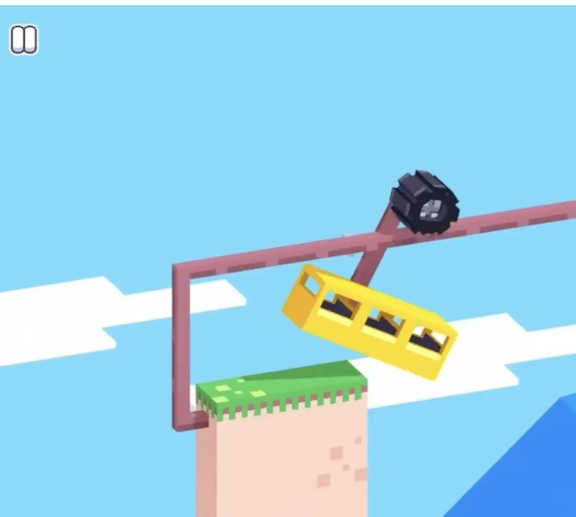 Drive Mad level 64 hanging yellow vehicle testing its swing on the upper rail before the gap