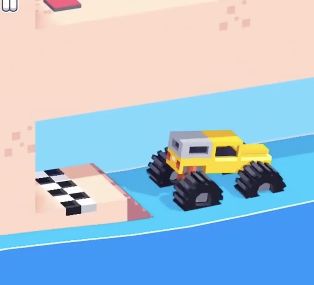 Drive Mad level 65 yellow truck reversing through the last flooded corridor toward the finish line