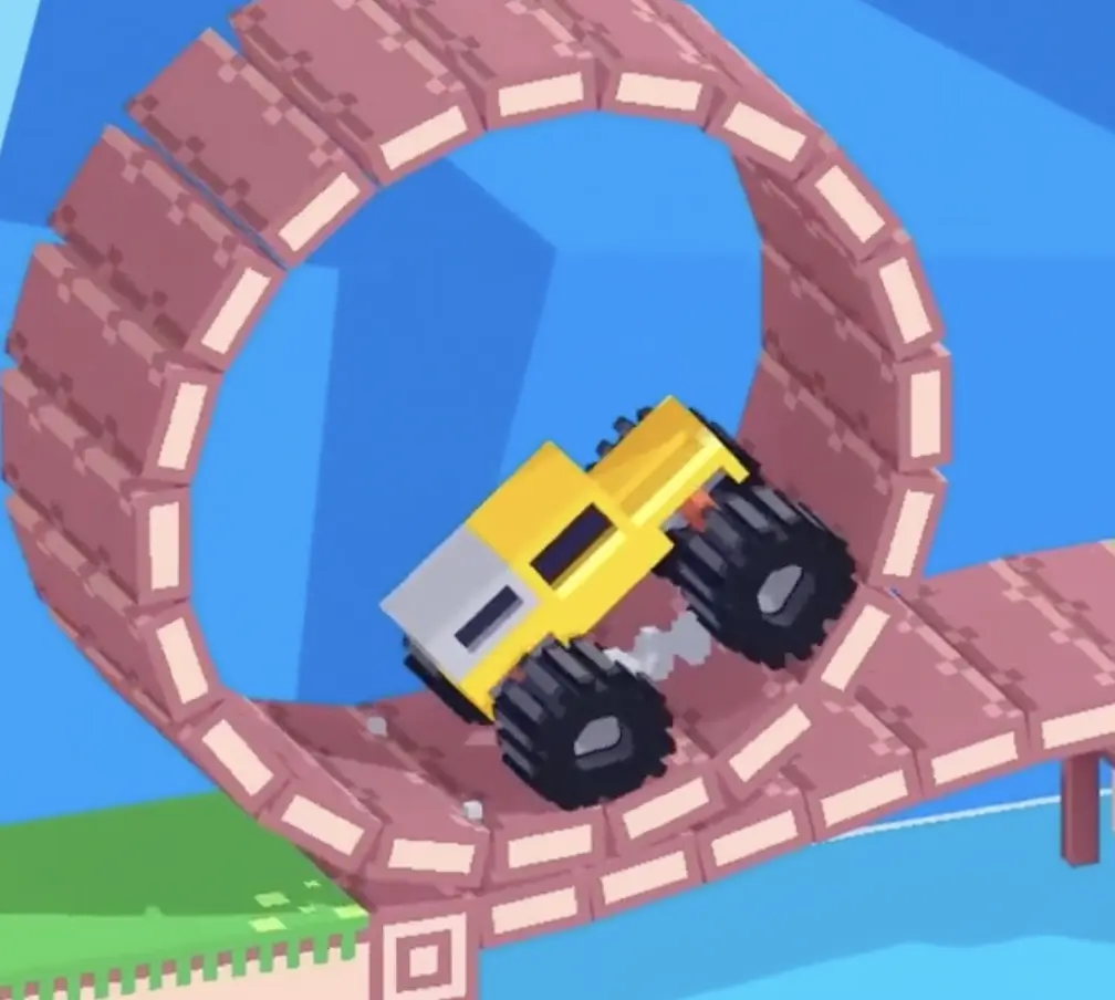 Drive Mad level 66 yellow truck holding a lower diagonal 5 o'clock position inside the rolling wheel