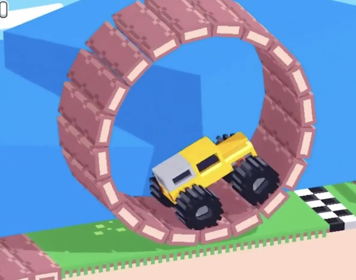 Drive Mad level 66 yellow truck inside the wheel climbing through the slope and rolling toward the finish line