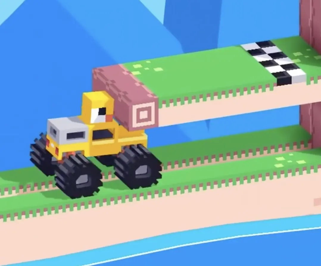 Drive Mad level 67 truck positioned under the last platform while the chick prepares to reach the finish area