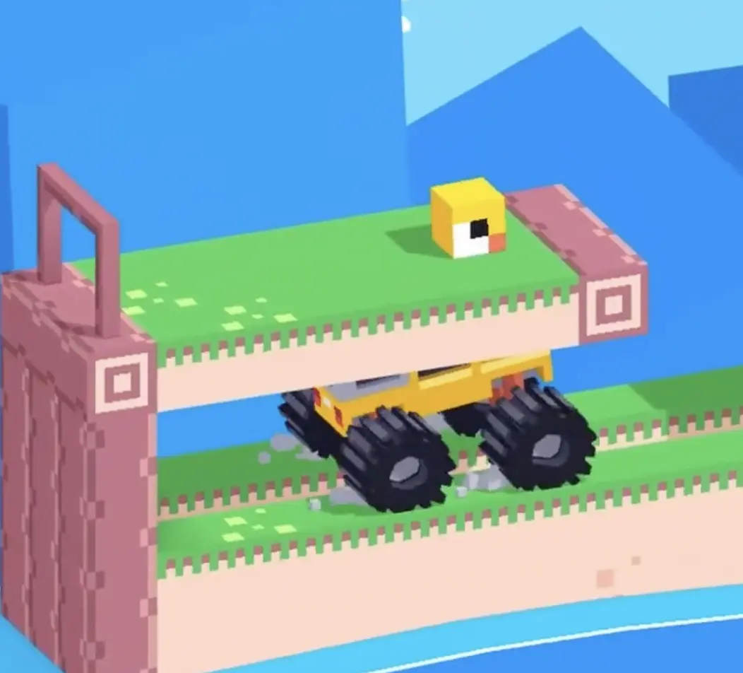 Drive Mad level 67 truck waiting below the upper platform while the chick stands above before the next jump