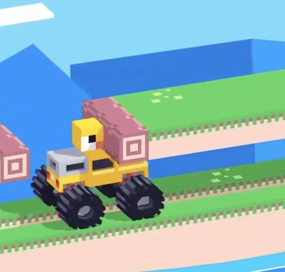 Drive Mad level 67 chick riding on top of the yellow truck as it carries it under the upper platform