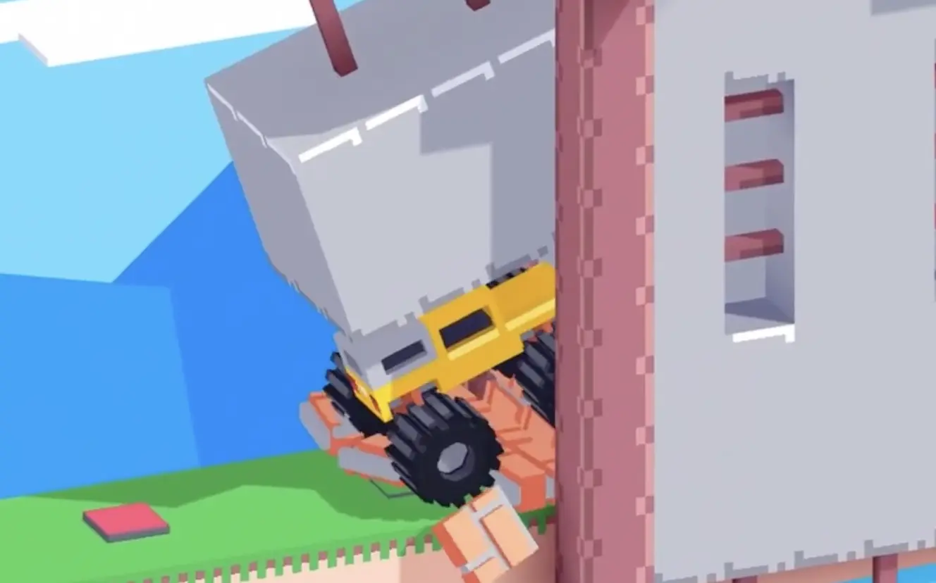 Drive Mad level 68 yellow truck lifting its front wheels to climb over the broken base of the castle wall