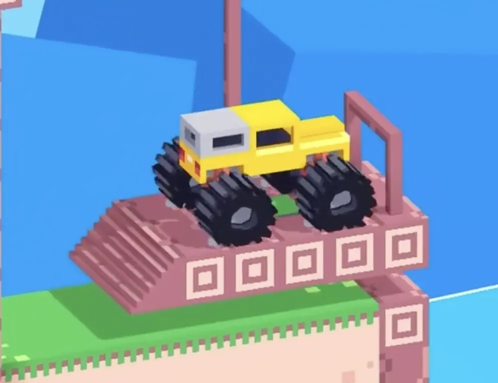Drive Mad level 68 yellow truck standing on the raised elevator platform inside the castle section