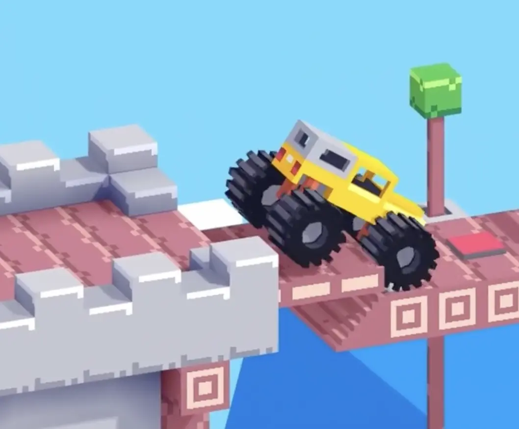 Drive Mad level 68 yellow truck preparing for the final reverse climb on the upper castle platform