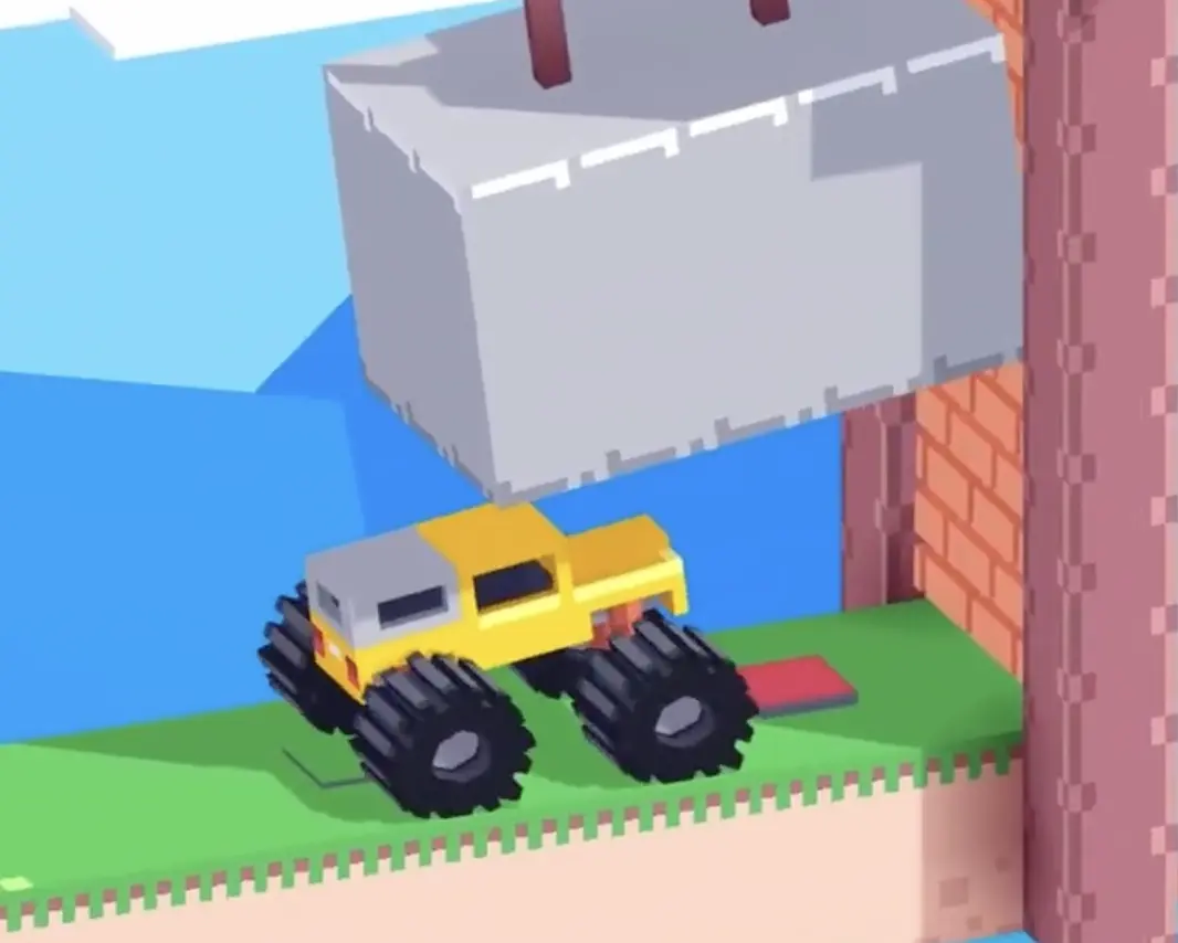 Drive Mad level 68 yellow truck activating the floor button under the hanging siege hammer in front of the castle wall