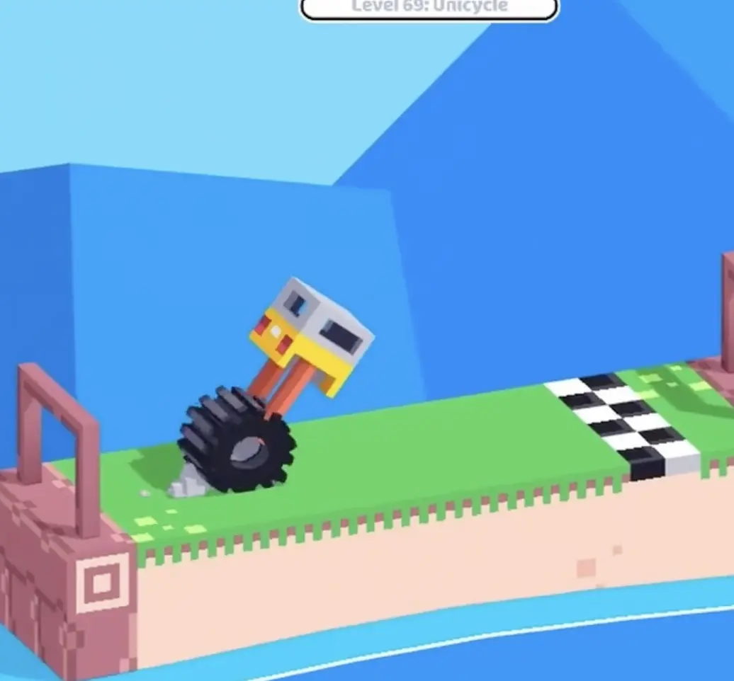Drive Mad level 69 unicycle vehicle leaning slightly while the player searches for the balance point before the finish