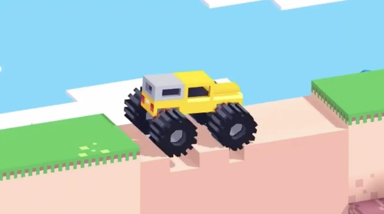 Drive Mad level 70 yellow truck approaching the soft dirt section where the real route goes downward