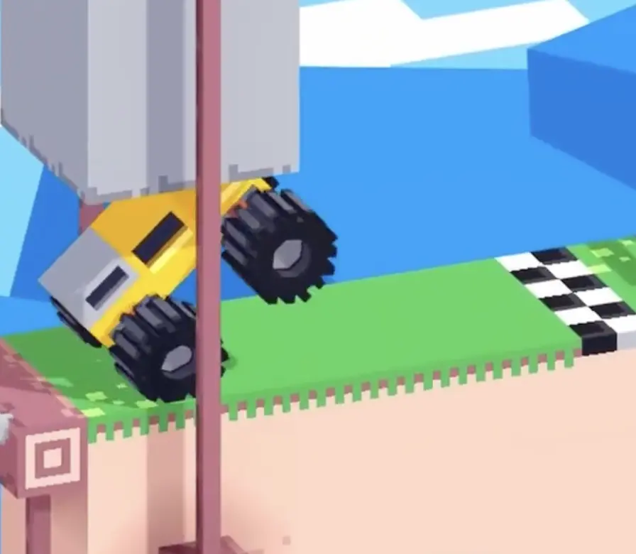 Drive Mad level 71 yellow truck being launched from the moving machine across the gap at the correct timing window