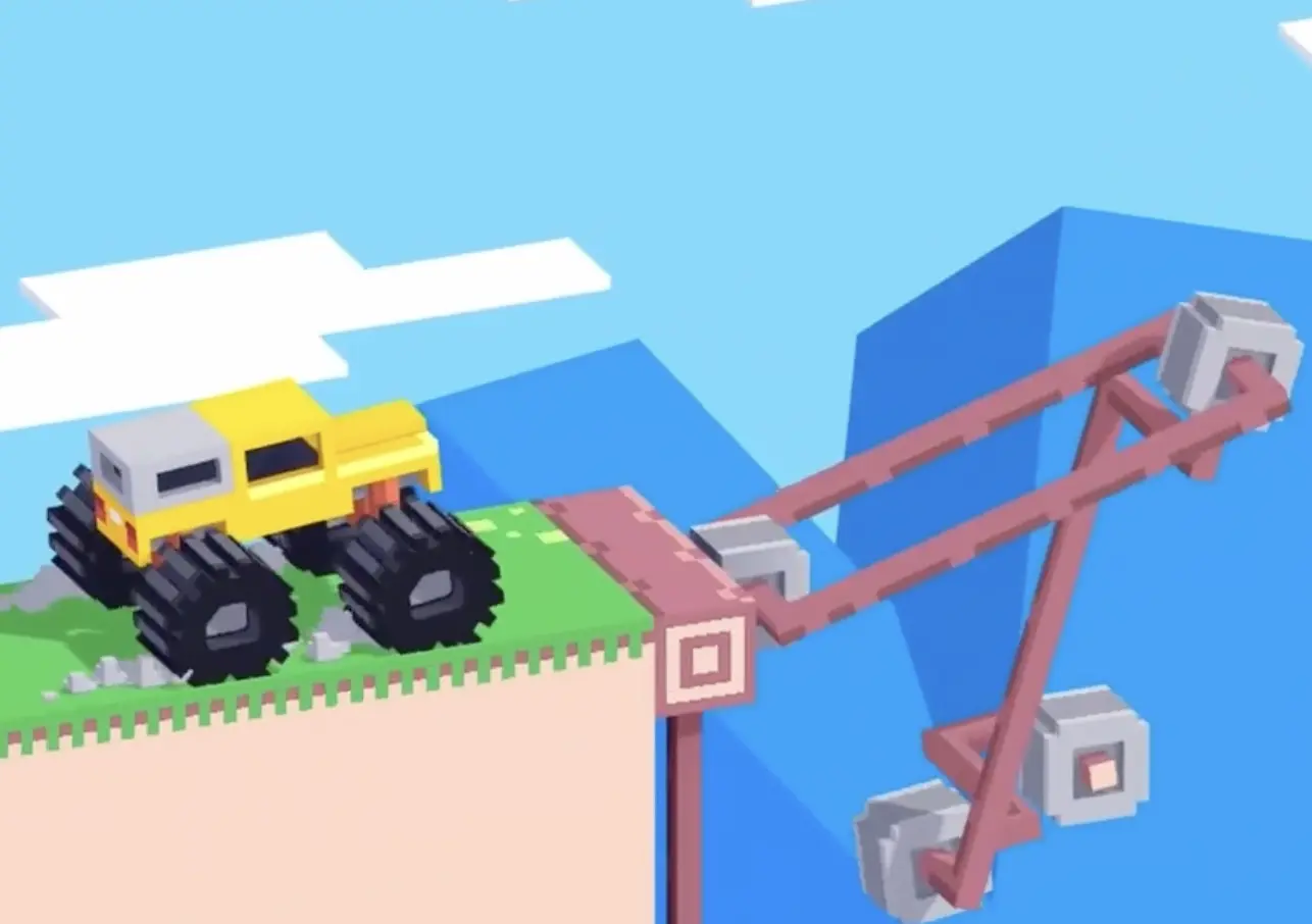 Drive Mad level 71 yellow truck waiting at the platform edge while the moving jump machine rises and falls ahead