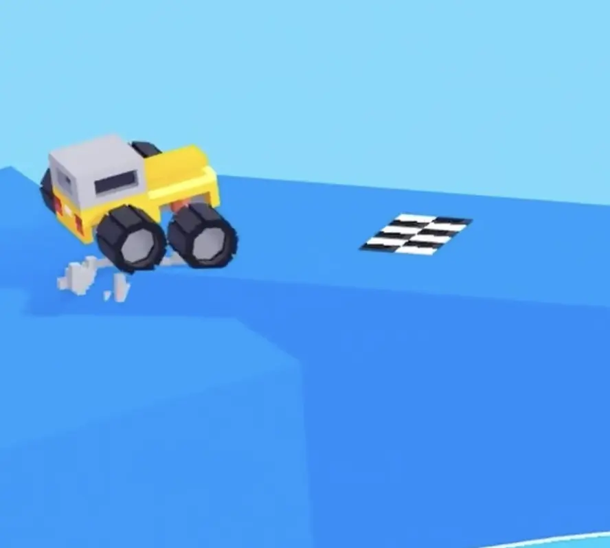 Drive Mad level 72 yellow truck crossing the final background mountain ridge toward the finish flag