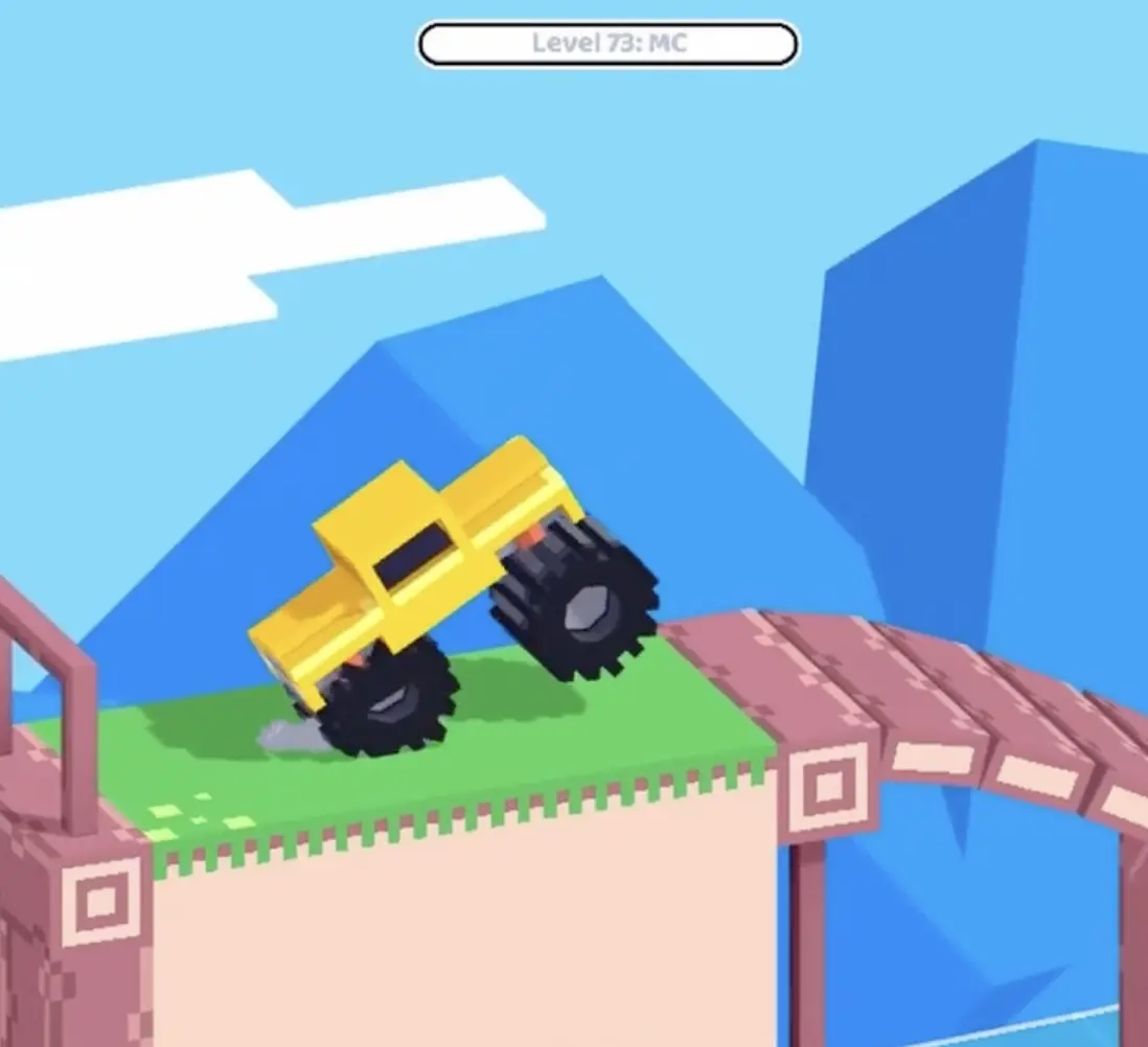 Drive Mad level 73 yellow truck riding the opening rolling slopes while building controlled momentum
