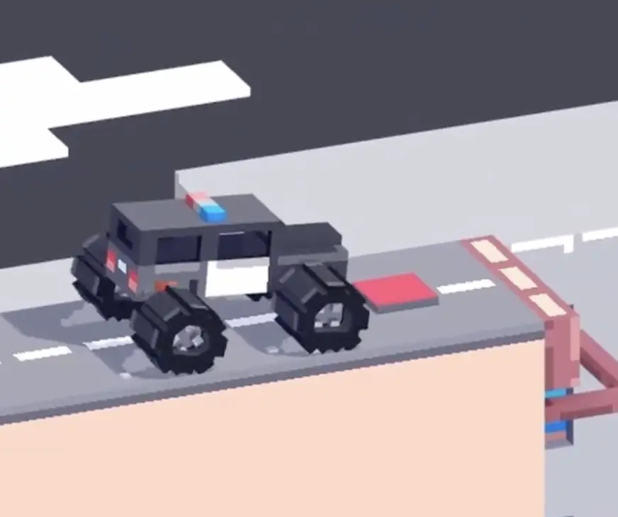 Drive Mad level 74 police truck approaching the red road button that repairs the broken section ahead