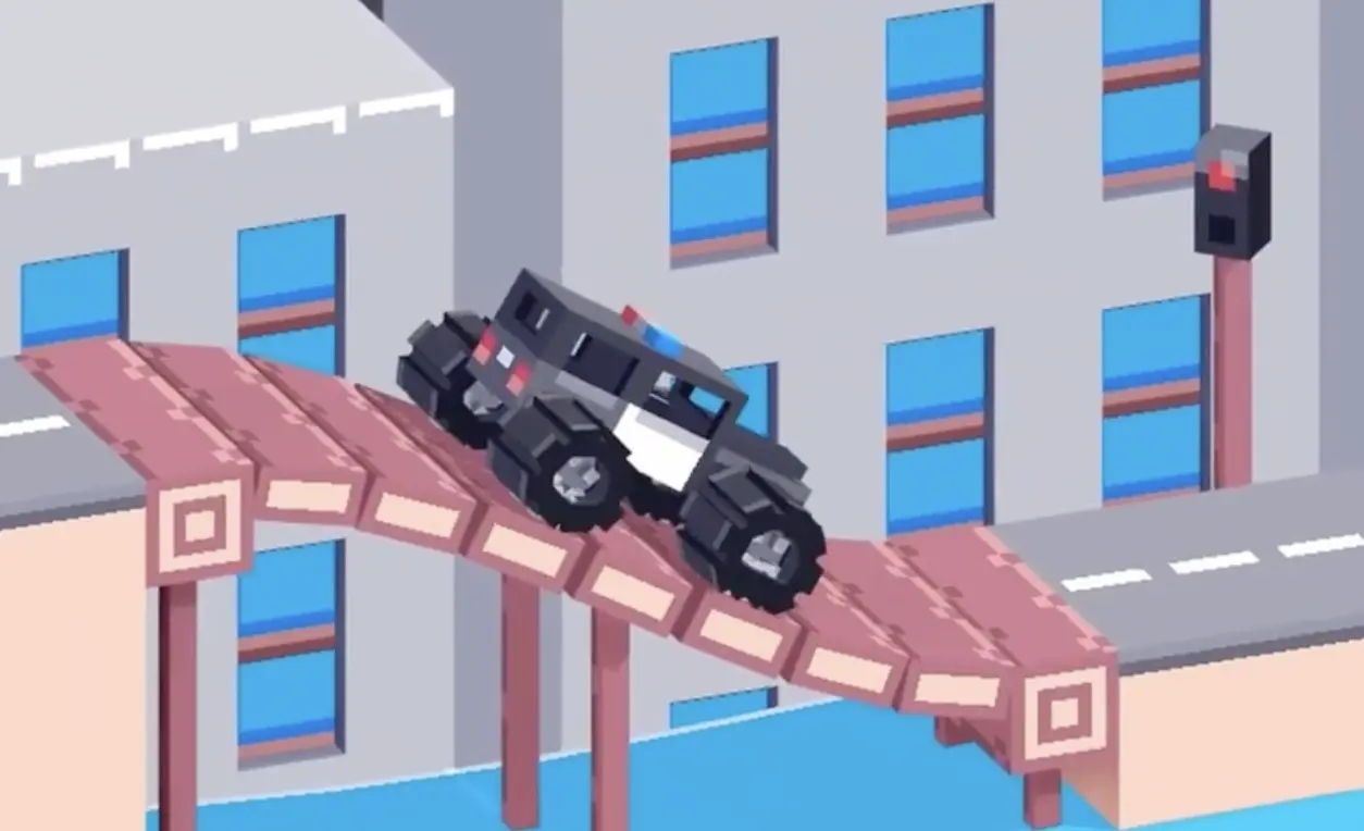 Drive Mad level 74 police truck descending the final repaired road section while controlling speed before the last signal