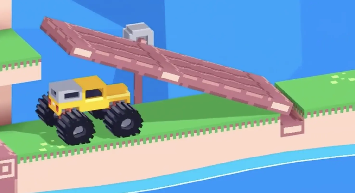 Drive Mad level 75 truck on the lower path approaching and pushing past the second seesaw from underneath