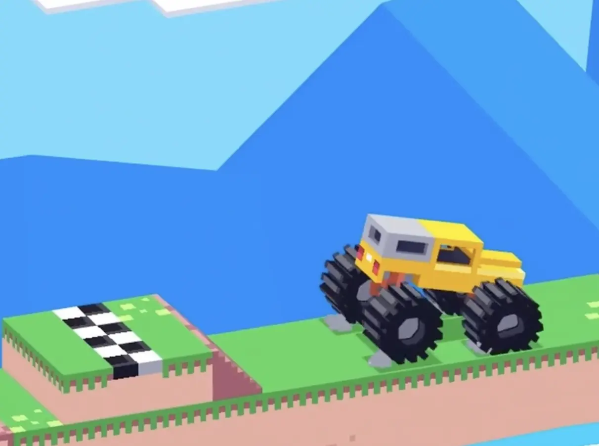 Drive Mad level 76 yellow truck with the finish platform now visible behind it after the meteor wave ends