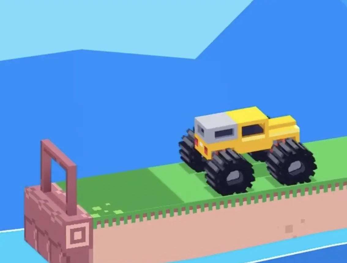 Drive Mad level 76 yellow truck waiting near the middle of the platform before dodging falling meteors