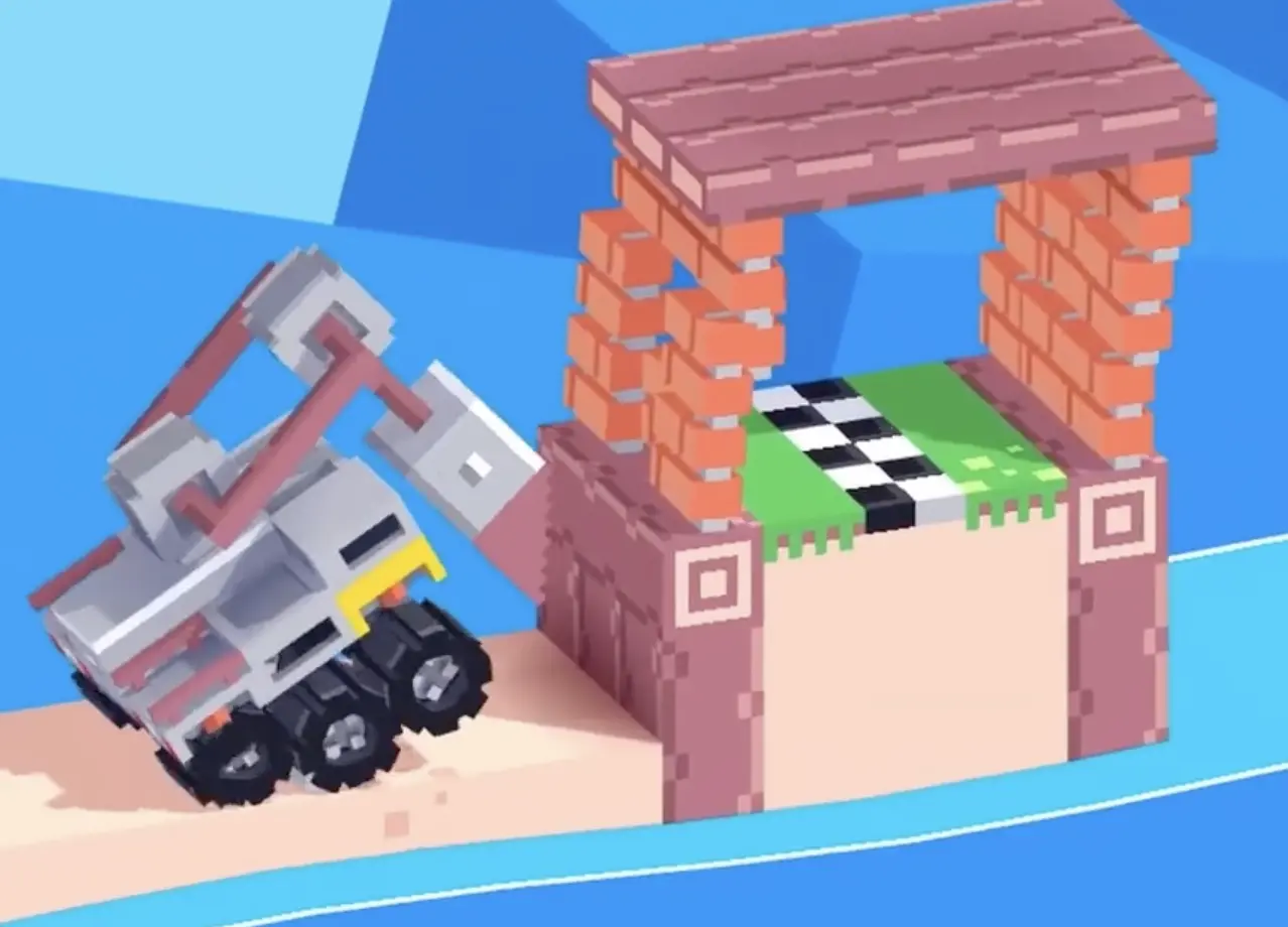 Drive Mad level 77 excavator truck using its mechanical arm near the finish structure to knock down the final support