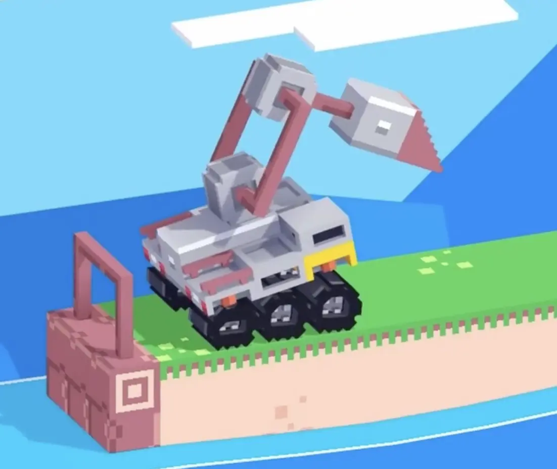 Drive Mad level 77 excavator truck beginning its first forward crawl by planting the mechanical arm for leverage