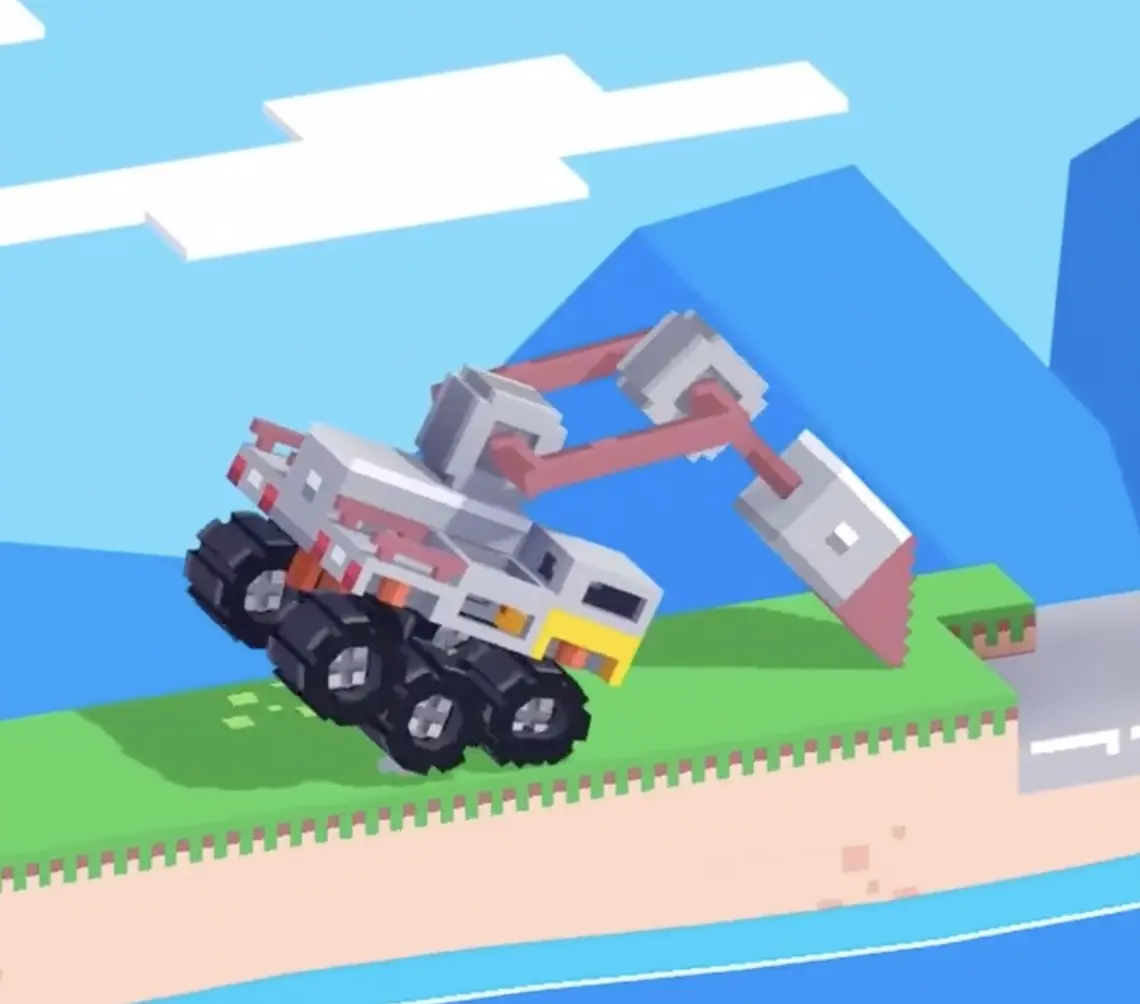 Drive Mad level 77 excavator vehicle swinging its crane arm forward to reset for the next push