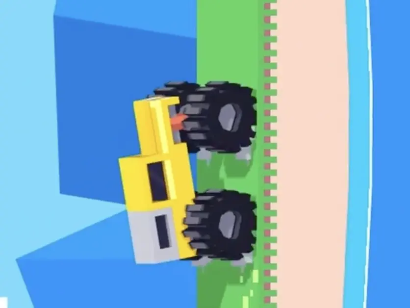 Drive Mad level 78 yellow truck accelerating through the rotated stage before the first jump