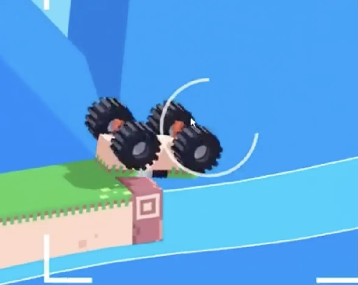 Drive Mad level 79 truck upside down in mid-flip with the roof rotating toward the elevated finish block