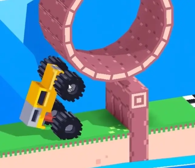 Drive Mad level 80 truck making the final push that tips the giant ring over the last blocker near the finish