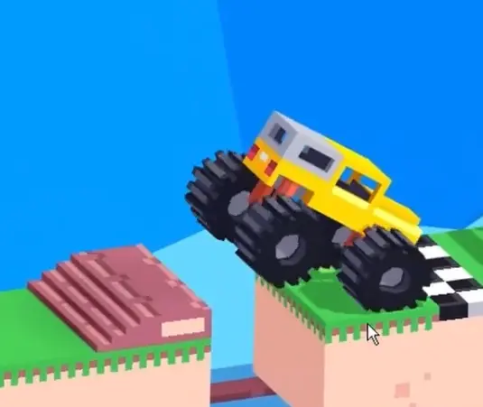 Drive Mad level 81 truck landing on the far platform and continuing toward the finish after clearing the gap