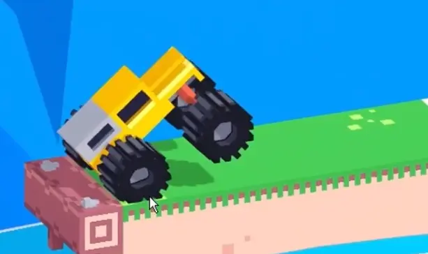 Drive Mad level 82 truck landing on the far platform after being pulled across the river by the overhead magnet